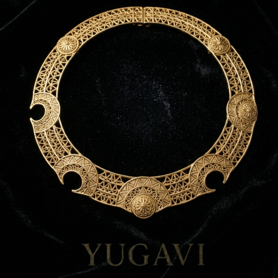 Statement gold necklace on black velvet — Yugavi necklace collection