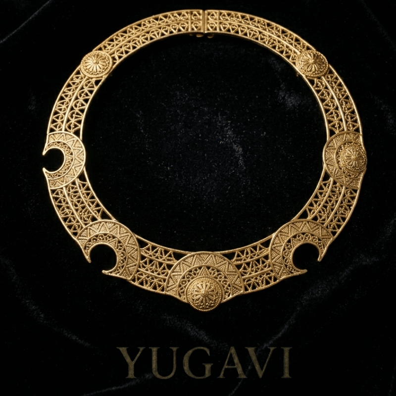 Statement gold necklace on black velvet — Yugavi necklace collection
