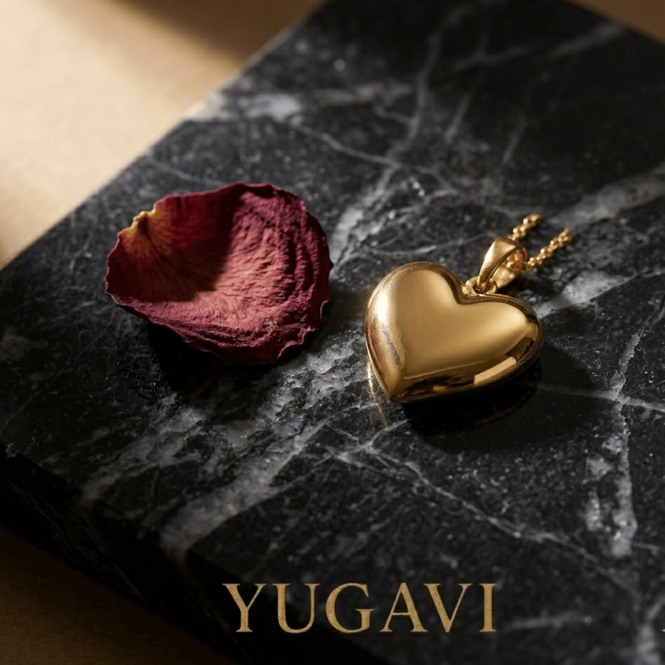 Gold heart pendant on black marble — Yugavi Valentine's jewellery collection