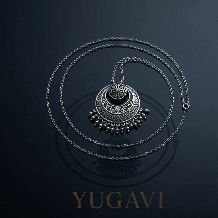 Oxidised silver necklace on black glass — Yugavi Silver Mirage collection