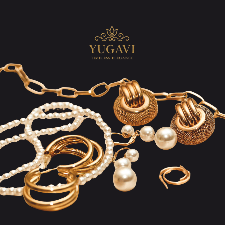 Full Yugavi jewellery collection — earrings, rings, necklaces and bangles on black velvet