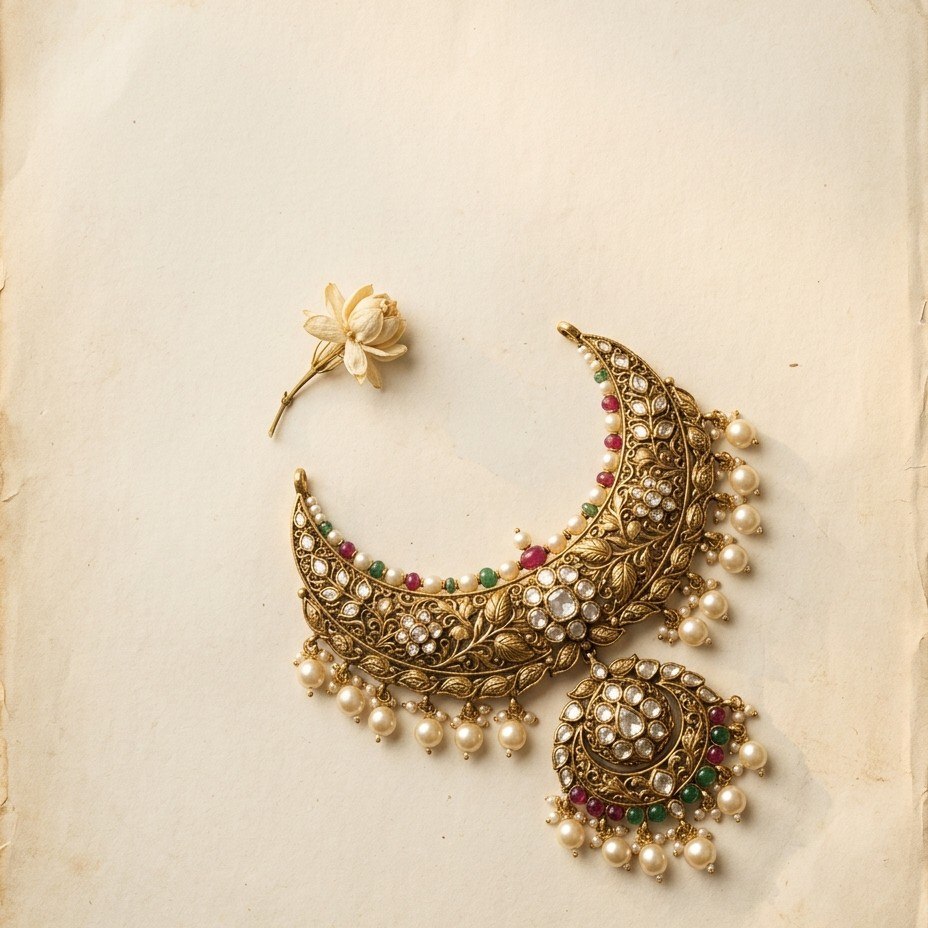 Yugavi bestseller jewellery pieces — earring, ring and pendant on black velvet