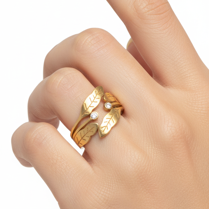 18K gold plated botanical feather leaf wrap open band ring two round CZ crystal stones engraved leaf vein detailing matte satin finish adjustable daily wear office casual boho festive stackable gifting fashion jewellery Yugavi buy online India
