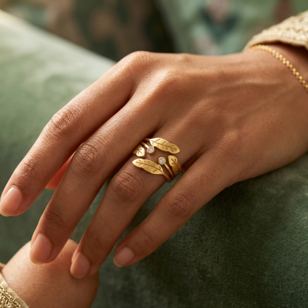 Close-up of a hand wearing gold rings on a green cushion