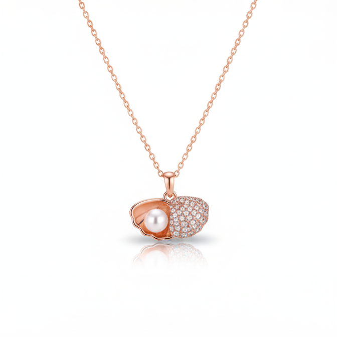 18K rose gold plated oyster shell pendant necklace freshwater pearl pave cubic zirconia CZ half shell slim adjustable cable chain Valentine anniversary date night gifting daily wear contemporary fashion jewellery Yugavi buy online India shopify