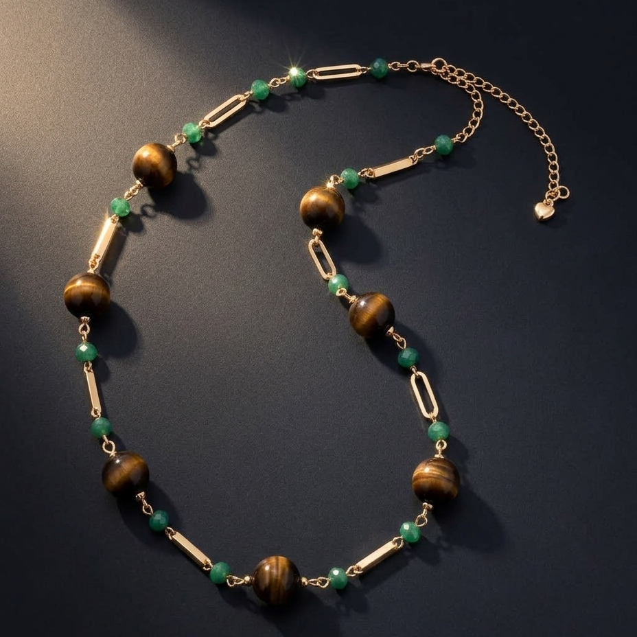 A gold-tone chain necklace featuring large brown tiger's eye beads, small green faceted beads, and elongated gold spacer bars, displayed on a dark textured background.