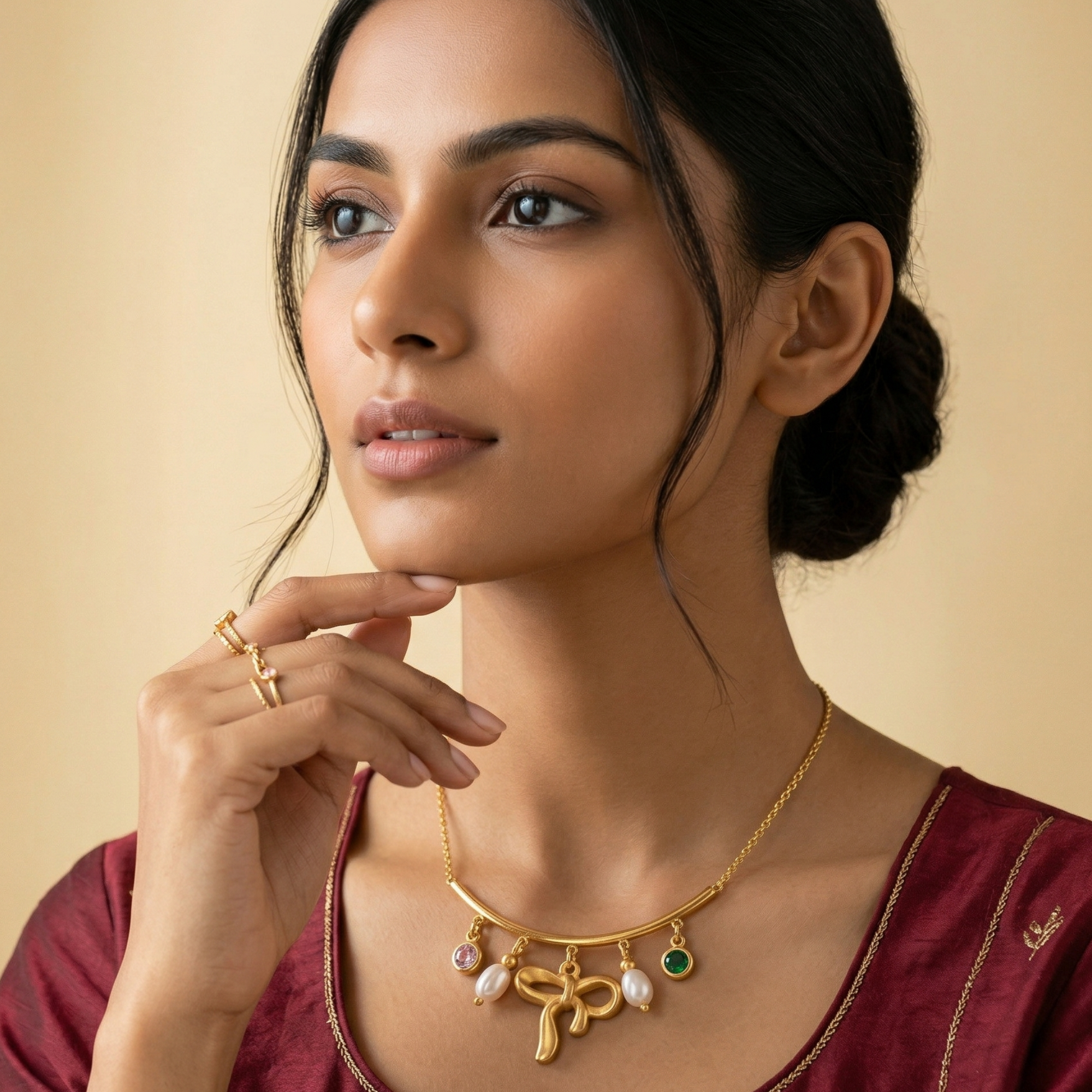 22K gold plated bow charm bar necklace curved gold bar 3D ribbon bow charm oval freshwater pearl drops pink CZ emerald green CZ round stones gold ball connectors slim cable chain adjustable daily wear casual office gifting Valentine birthday brunch feminine fashion jewellery Yugavi buy online India