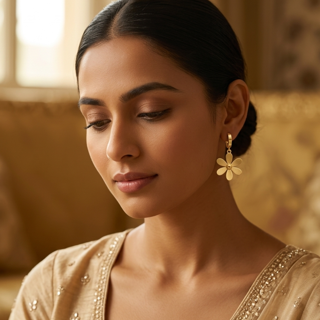 Woman wearing gold earrings in a warm-toned room