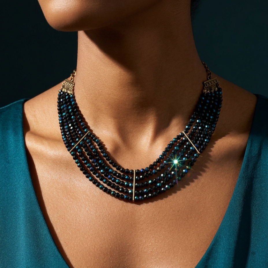 A close-up of a model wearing a multi-strand statement necklace made of dark blue iridescent beads with gold-toned geometric accents, paired with a teal V-neck top.