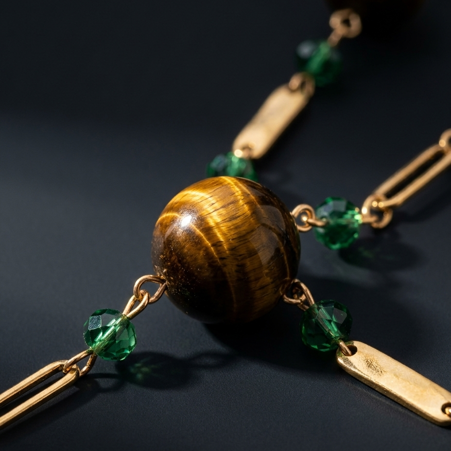 Close-up of a gold-tone chain necklace featuring a polished round brown tiger's eye bead, green faceted crystal beads, and rectangular gold tags on a dark background.
