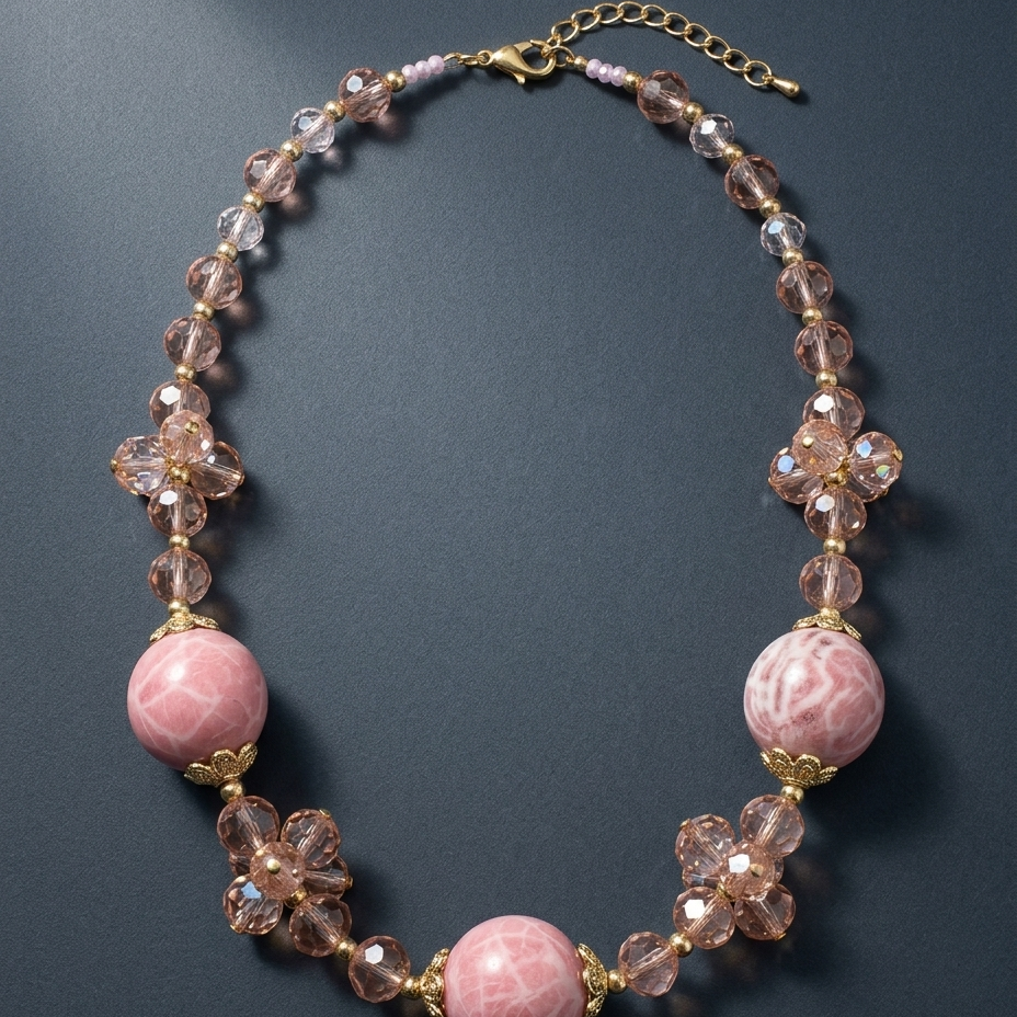A pink beaded necklace featuring large round pink beads, faceted clear crystal beads, and gold-tone metal accents, displayed on a dark gray background.