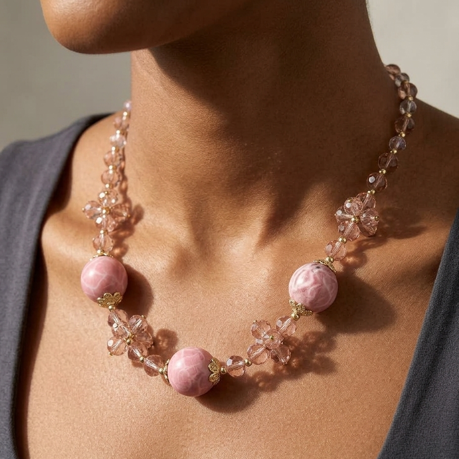 A close-up of a model wearing a pink beaded necklace with large round pink beads and clear faceted crystal accents, styled with a dark gray scoop-neck top.