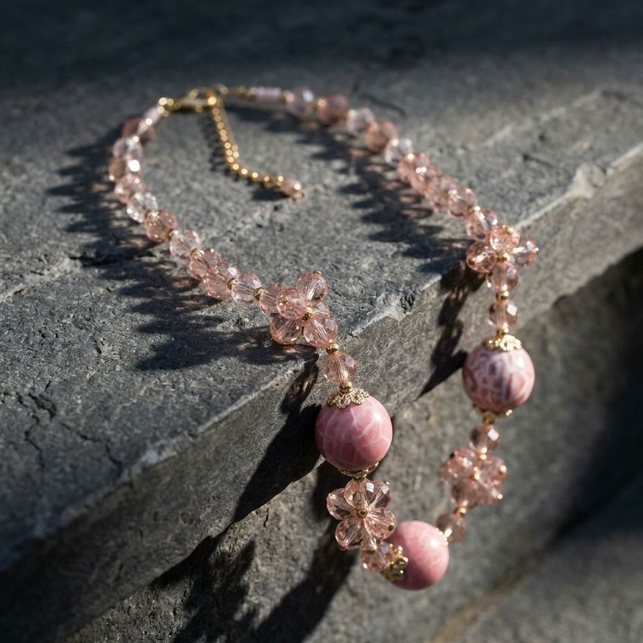 A bohemian-style beaded necklace with pink stone beads, clear faceted crystal flowers, and gold-toned metal accents, displayed on a dark textured stone surface.