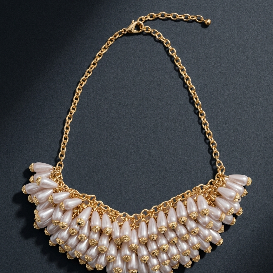 A gold-tone statement necklace featuring cascading rows of white faux-pearl teardrop beads, displayed on a dark textured background.