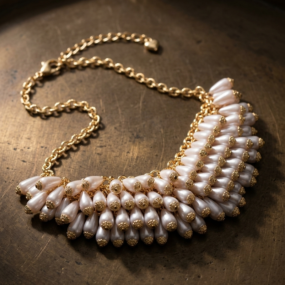 A statement collar necklace featuring white pearl-like beads and gold-toned metal details, displayed on a dark textured metallic surface.