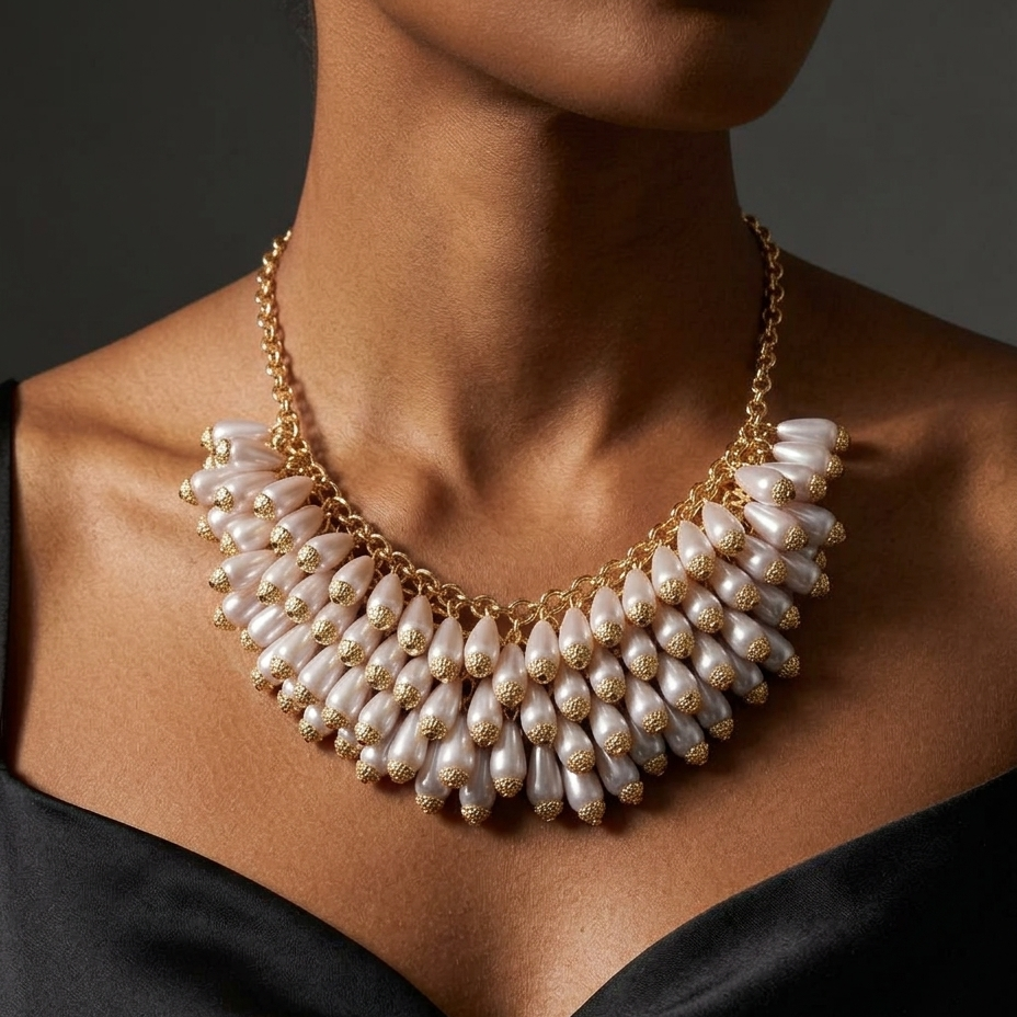 A close-up of a model wearing a statement bib necklace made of white teardrop pearls with gold caps and a gold chain, paired with a black satin top.