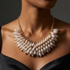A close-up of a model wearing a statement bib necklace made of white teardrop pearls with gold caps and a gold chain, paired with a black satin top.