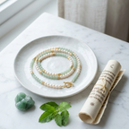 A beaded bracelet with white pearls, light green jade-like beads, and gold spacer beads is displayed on a white ceramic plate. The plate is styled on a white marble surface alongside a green stone, fresh mint leaves, and a rolled cream paper scroll with gold printing.
