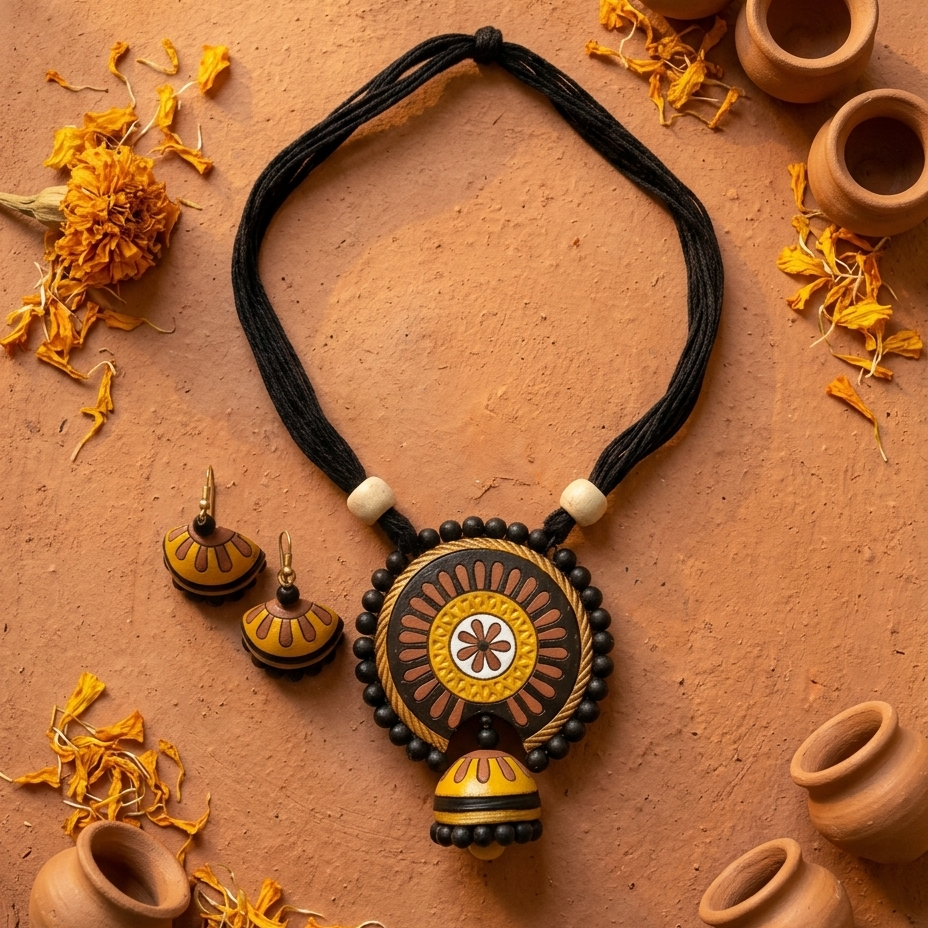 A black cord necklace with a large circular mandala pendant and matching jhumka earrings, styled on a terracotta surface with dried marigold flowers and small clay pots.