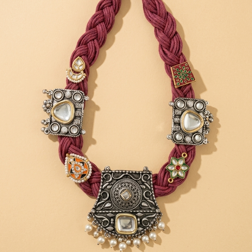A bohemian-style statement necklace featuring a thick braided burgundy cord and ornate silver-toned metal elements with faux pearls and colorful enamel accents, displayed on a warm beige background.