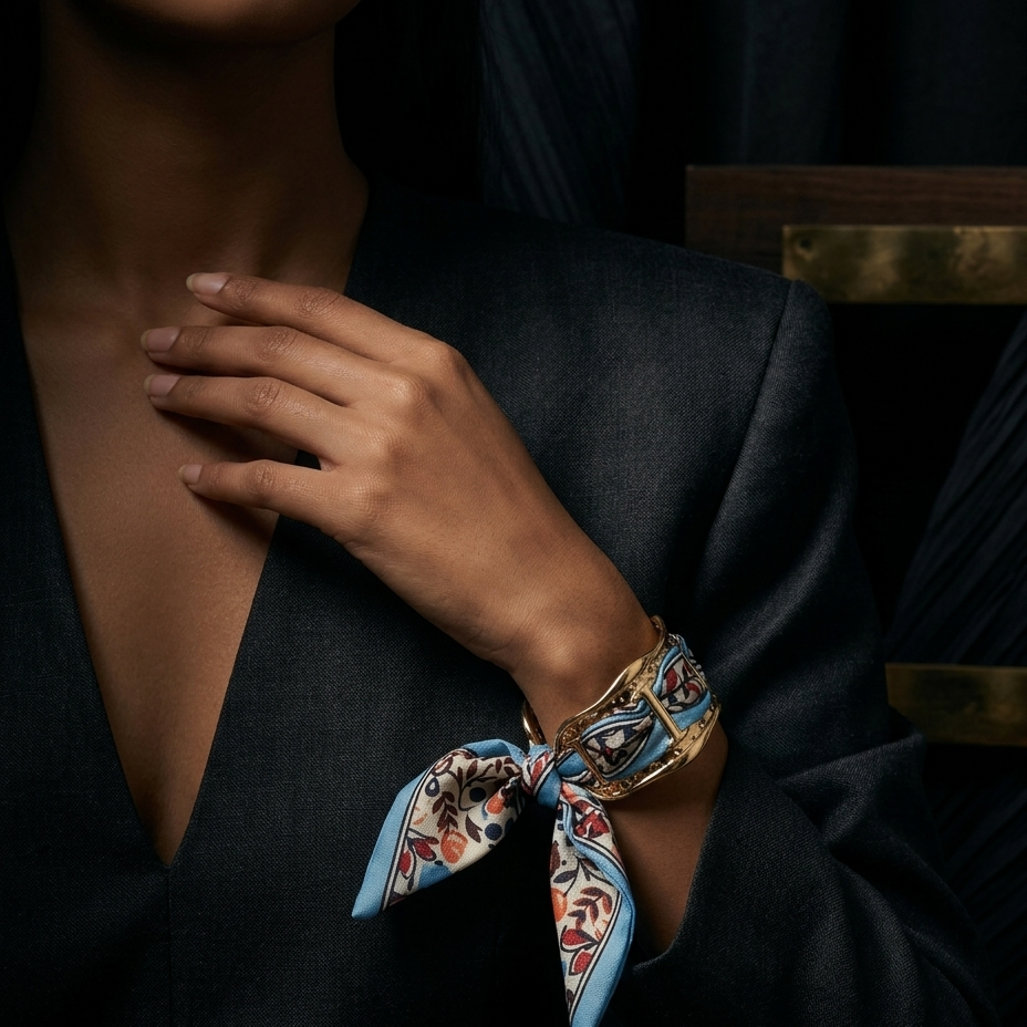 A close-up lifestyle shot of a model wearing a patterned silk scarf bracelet tied around their wrist, paired with a dark navy blazer.
