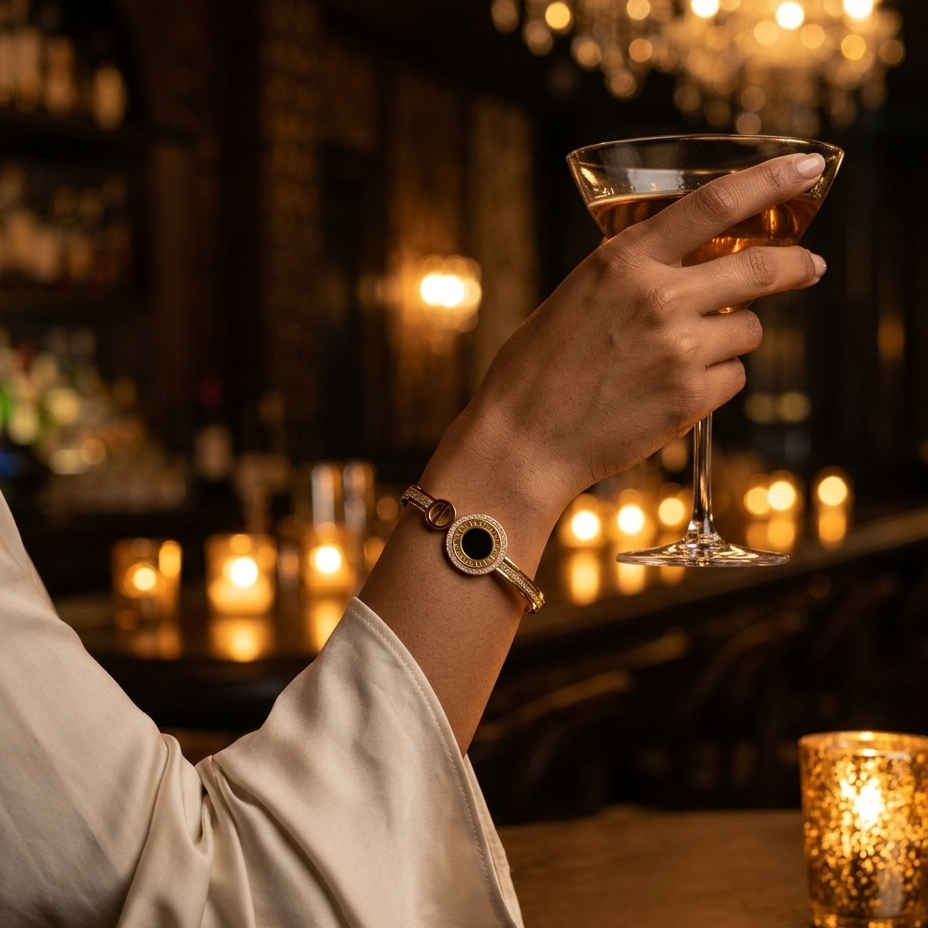 A close-up lifestyle shot of a person's hand holding a cocktail in a martini glass at a dimly lit bar, wearing a gold-toned bangle watch with a dark green circular face.