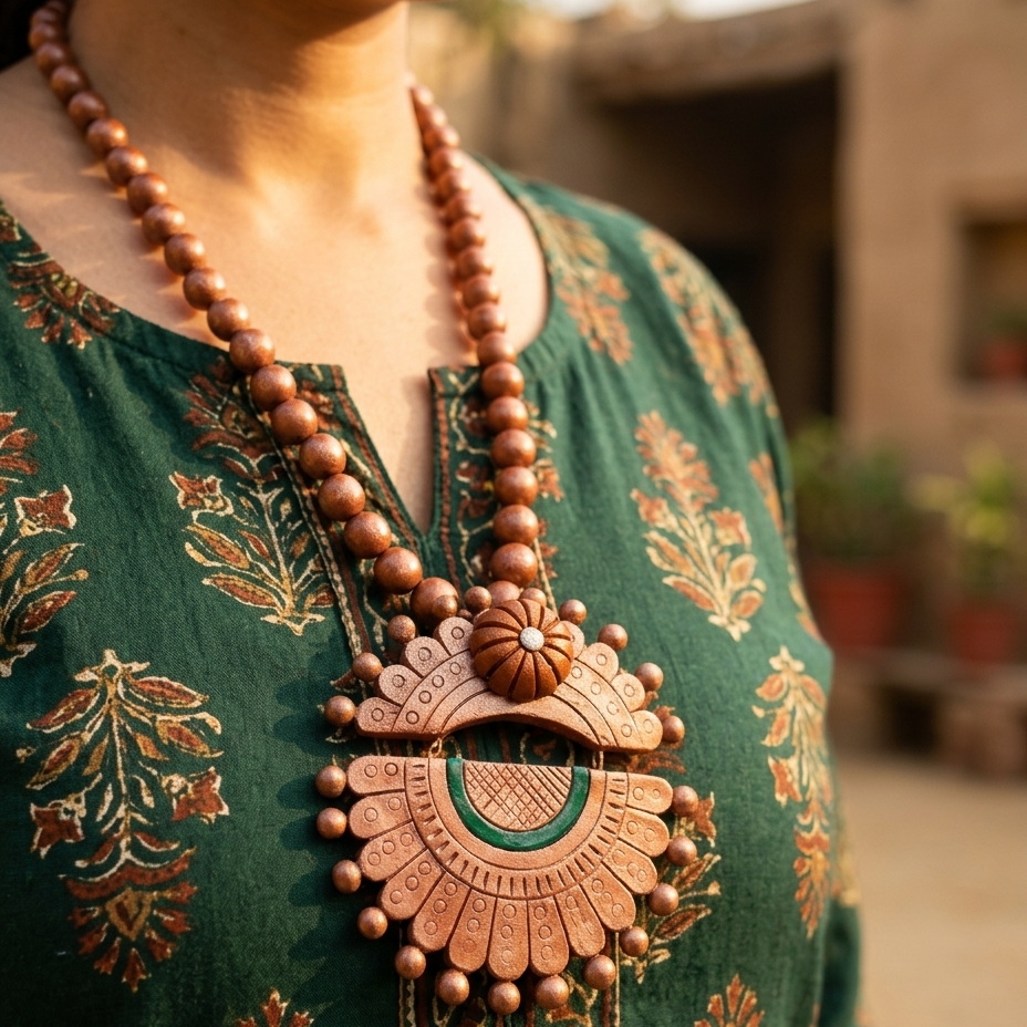 A close-up lifestyle shot of a person wearing a large, ornate copper-toned pendant necklace with wooden beads, paired with a green patterned blouse in an outdoor setting.