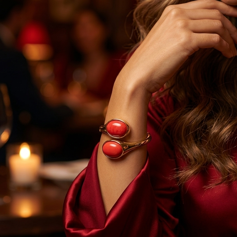 A close-up lifestyle shot of a woman wearing a gold cuff bracelet with two large, oval red cabochon gemstones. The background is a softly blurred, warm-toned restaurant setting with a lit candle and wine glass.