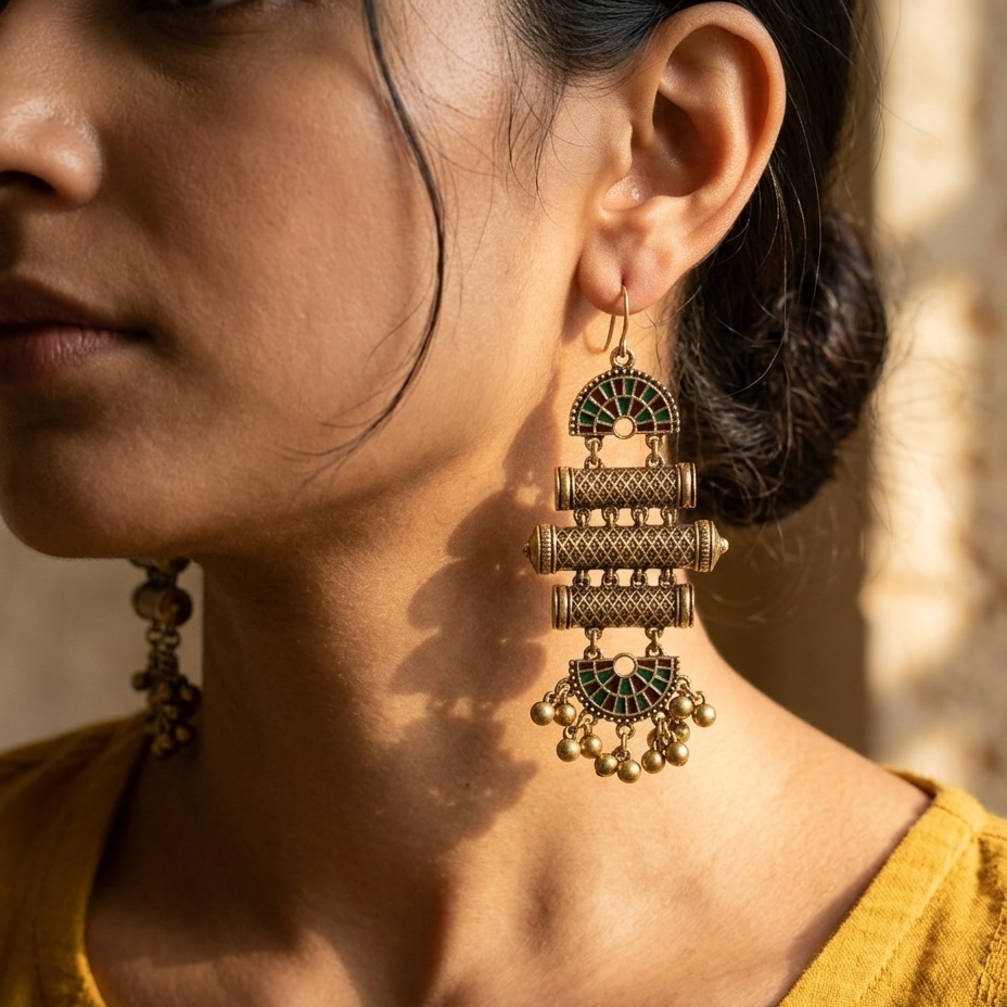A close-up lifestyle shot of a woman wearing a large, ornate gold-toned dangle earring with green enamel and small gold bell charms, paired with a mustard yellow top.