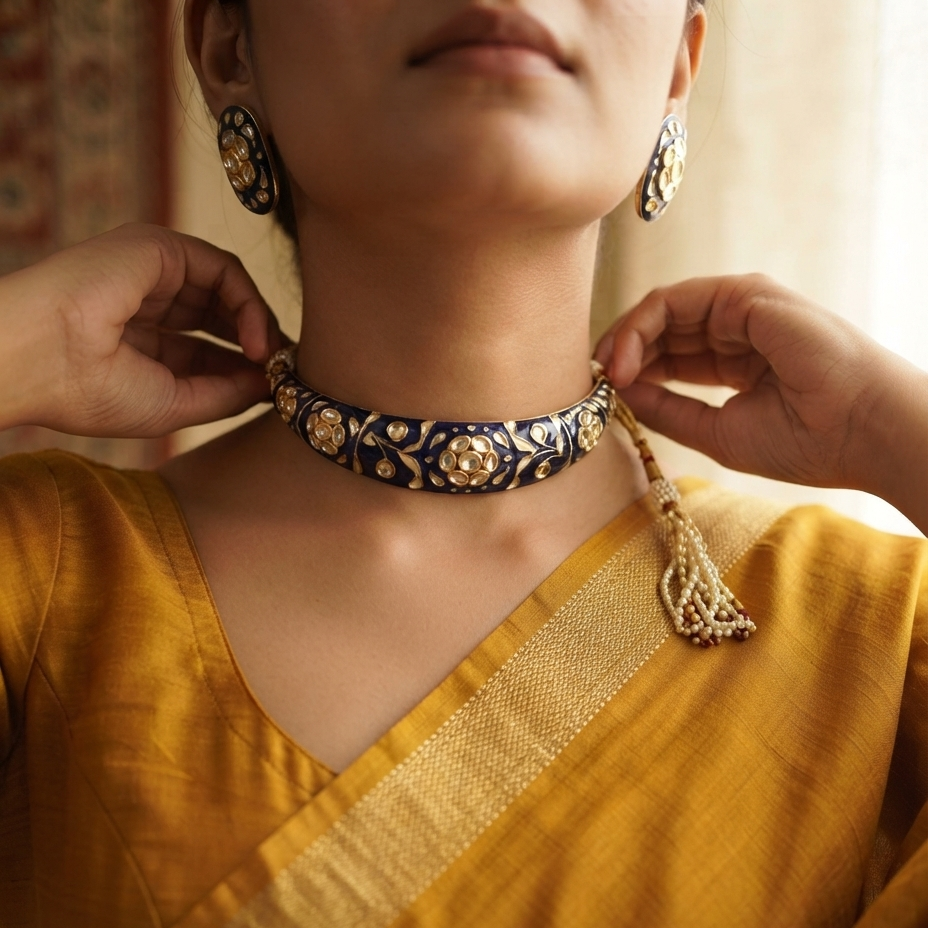 A close-up lifestyle shot of a woman wearing a navy blue and gold floral choker necklace with matching earrings and a tassel, styled with a mustard yellow saree.