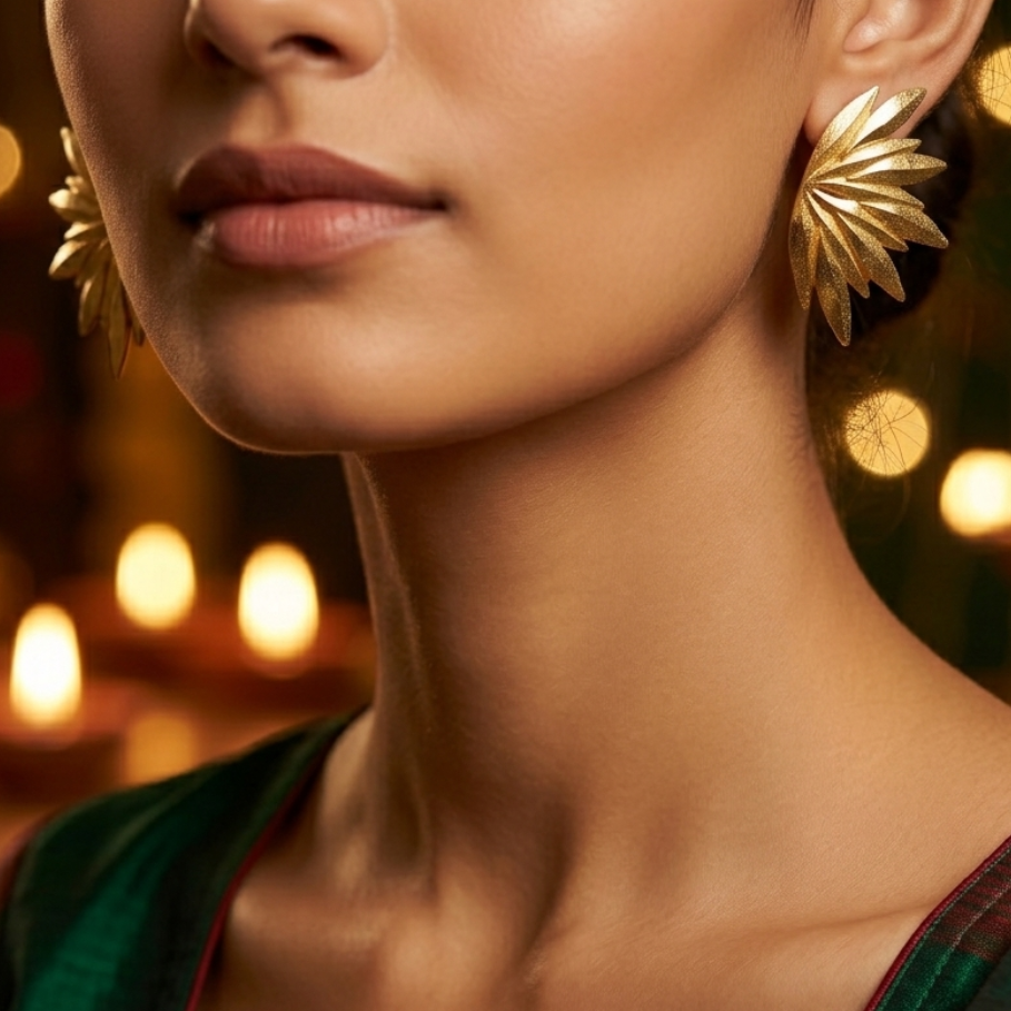A close-up lifestyle shot of a woman wearing a pair of large, textured gold starburst earrings. The background is a warm, softly blurred bokeh of lights, and she is wearing a green and red patterned blouse.