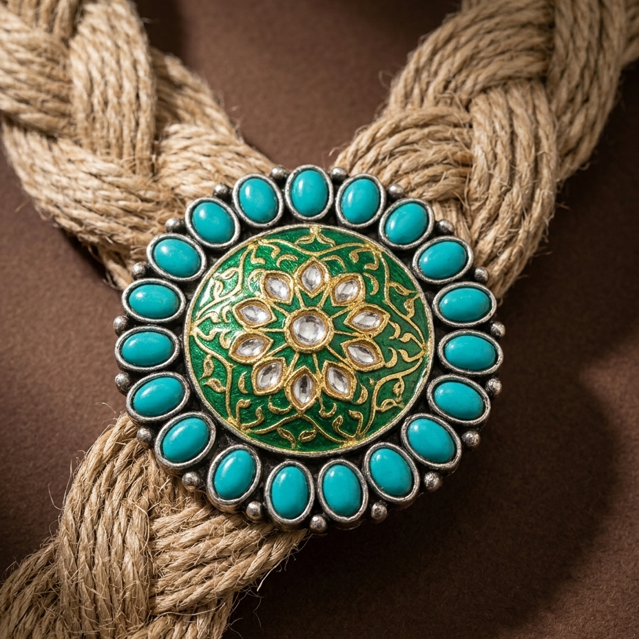 A close-up of a braided natural-fiber rope accessory with a large round turquoise and green decorative centerpiece, photographed on a brown textured background.
