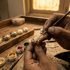 A close-up of a craftsman's hands painting a small, ornate, patterned bead with a fine brush on a rustic wooden workbench.
