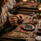 A close-up of a craftsman's hands working on a delicate piece of jewelry at a wooden workbench, surrounded by tools, beads, and finished gold-toned rings under warm, glowing light bulbs.