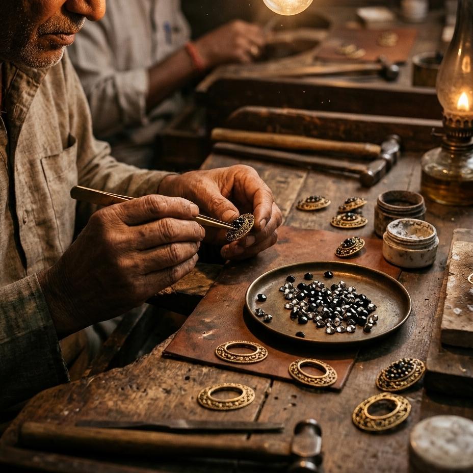 A close-up of a craftsman's hands working on a delicate piece of jewelry at a wooden workbench, surrounded by tools, beads, and finished gold-toned rings under warm, glowing light bulbs.