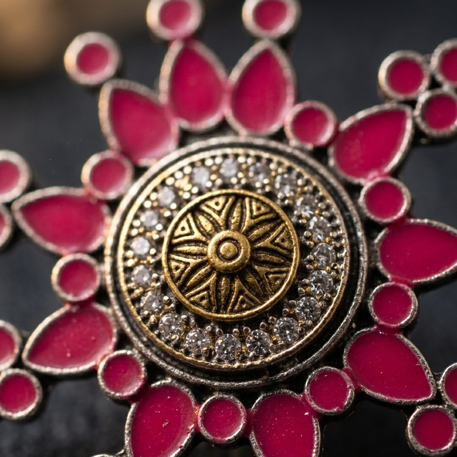 A close-up of a decorative jewelry piece featuring a central gold-toned medallion surrounded by clear stones and red enamel petal-like sections, set against a dark background.