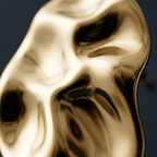 A close-up of a glossy, abstract metallic gold object with smooth curved contours and reflective highlights against a dark background.