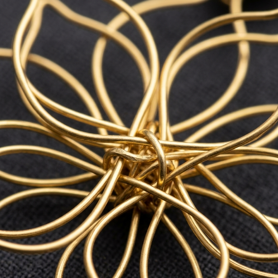 A close-up of a gold-toned metal wire floral ornament with layered petal-like loops, photographed against a dark textured fabric background.