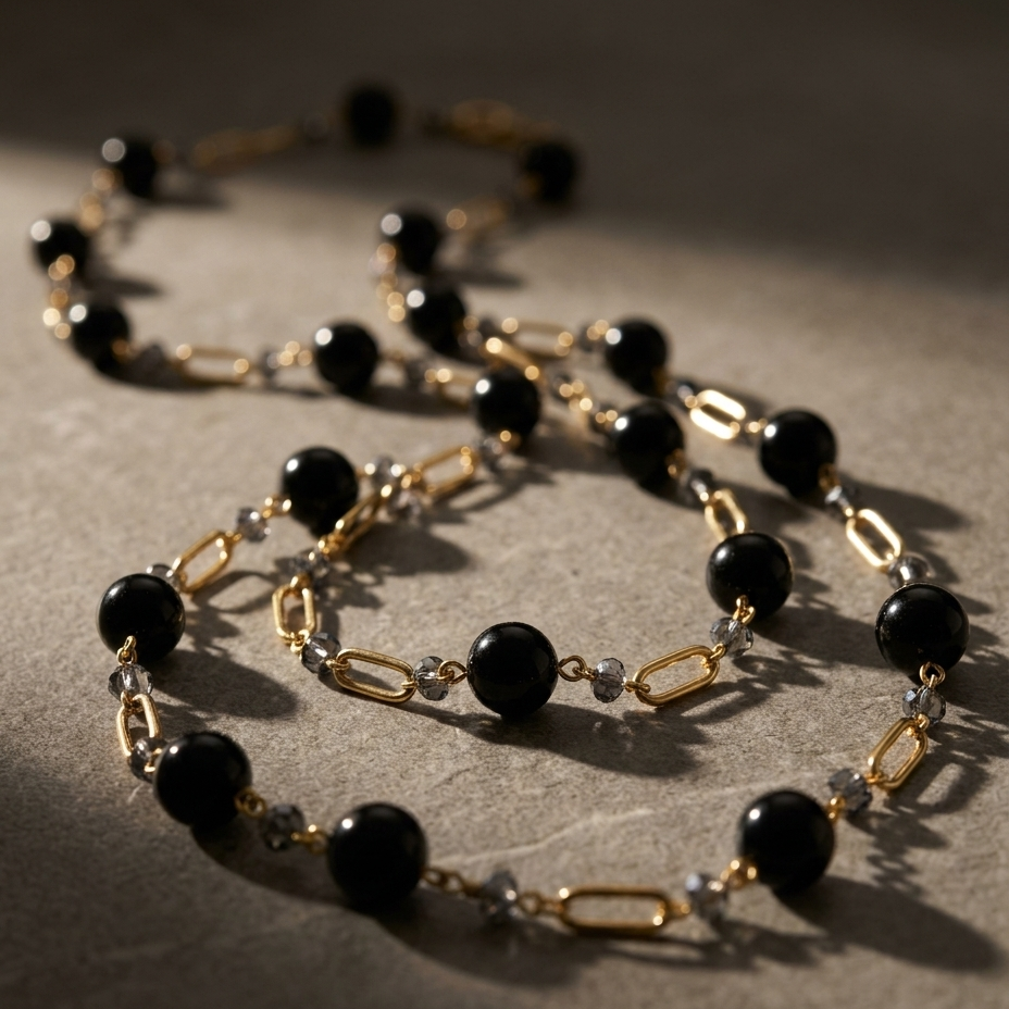 A close-up of a gold and black beaded necklace with alternating matte black round beads and polished gold oval links, draped on a textured gray surface with dramatic shadows.