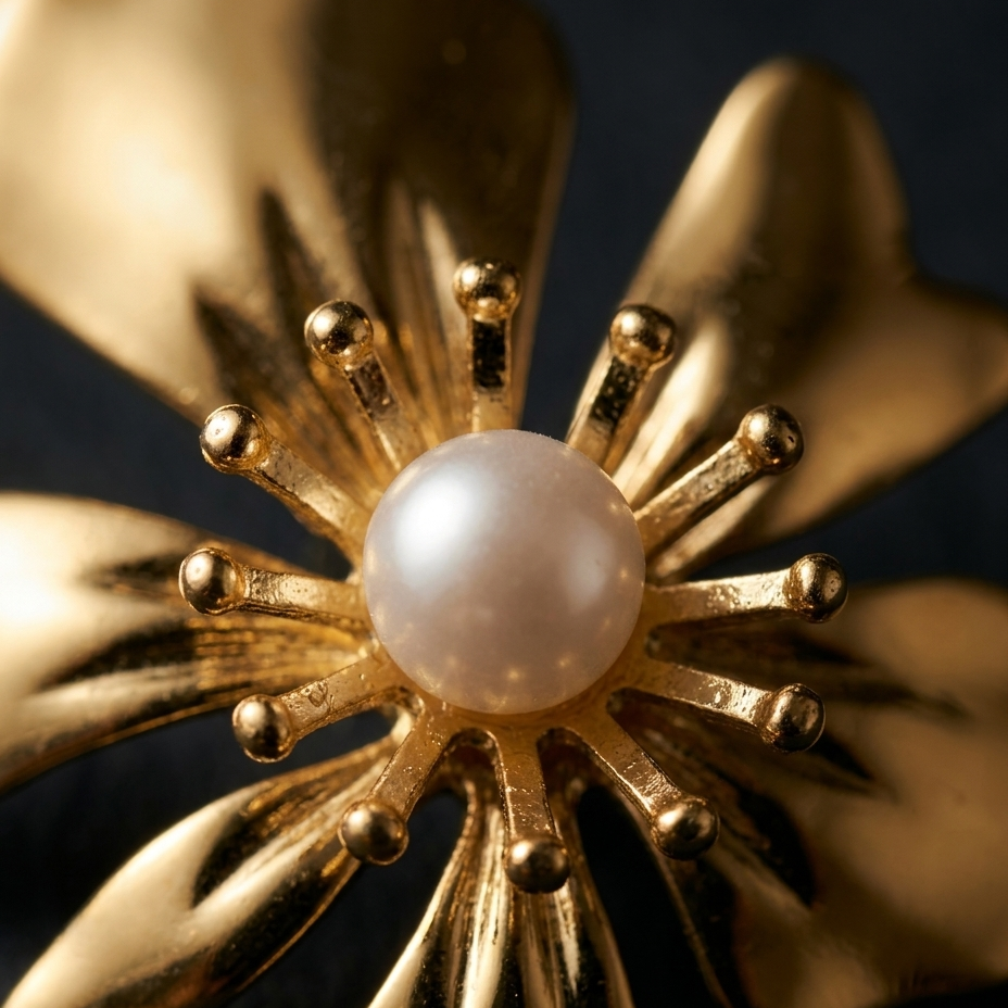 A close-up of a gold flower-shaped brooch with a central white pearl, set against a dark background.