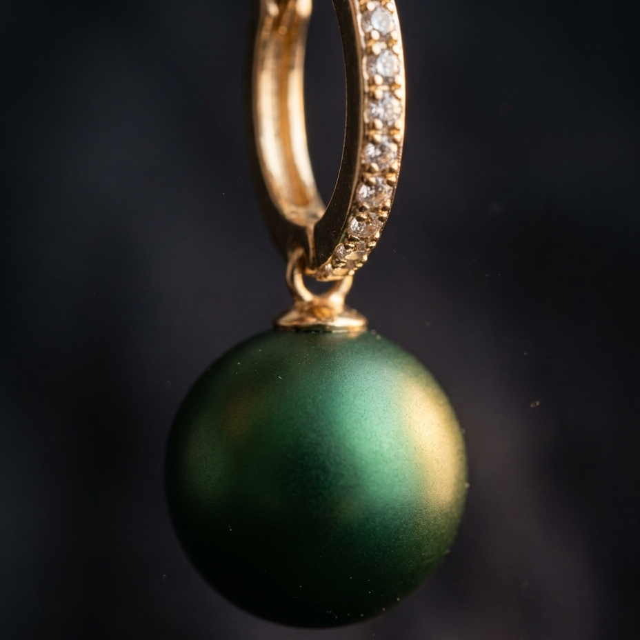 A close-up of a gold huggie hoop earring adorned with small clear pavé stones and featuring a dangling oval green pearl, set against a dark, soft-focus background.