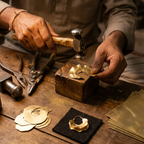 A close-up of a goldsmith's hands hammering a piece of gold metal in a wooden workbench, with pliers, brass sheets, and a finished ring nearby.
