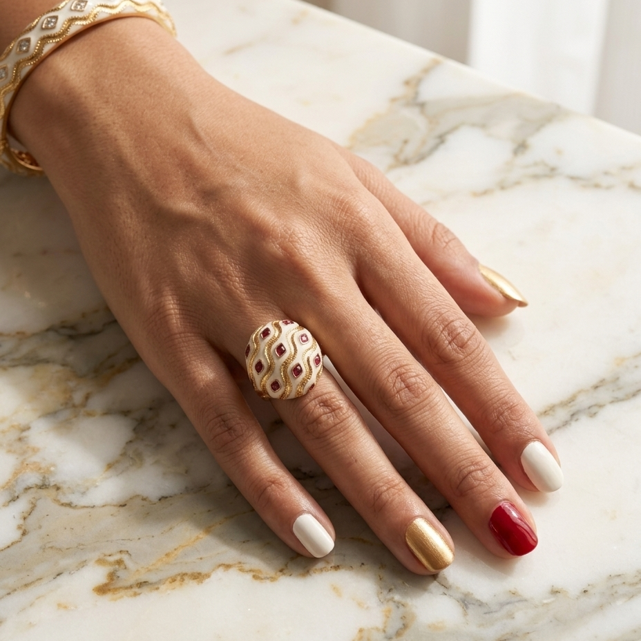 A close-up of a hand resting on a white and gray marble surface, wearing a chunky gold ring with a textured, diamond-like pattern and a matching gold bracelet.