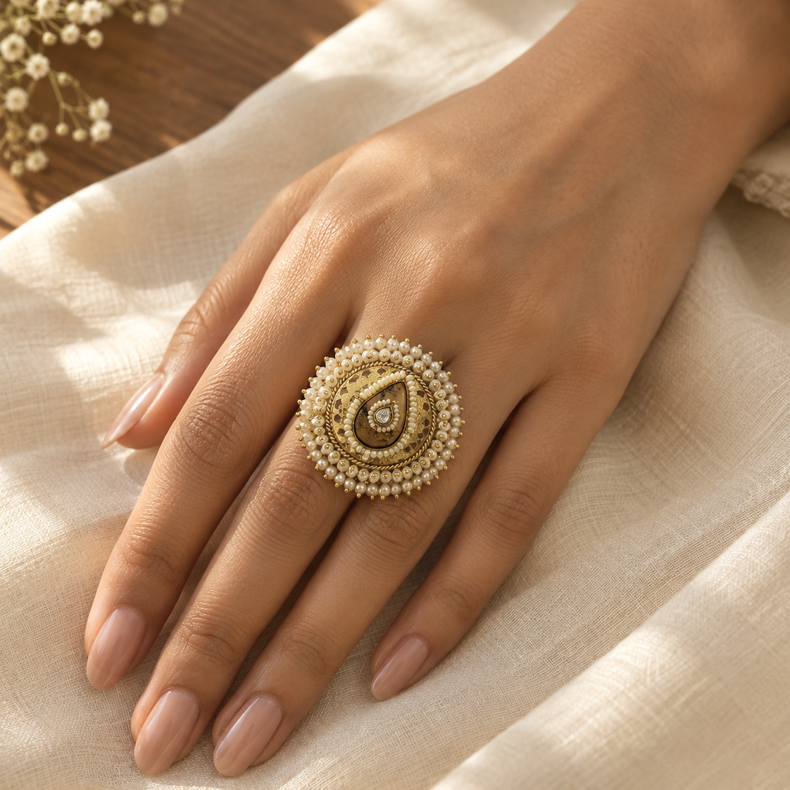 A close-up of a hand wearing an ornate gold ring decorated with small white pearls and a central teardrop-shaped stone, resting on draped cream fabric.
