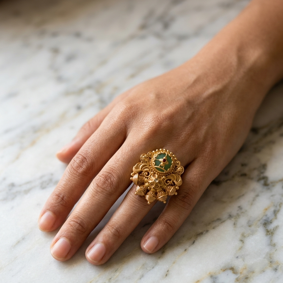 A close-up of a hand wearing an ornate gold ring with a green and white patterned center, resting on a white marble surface.