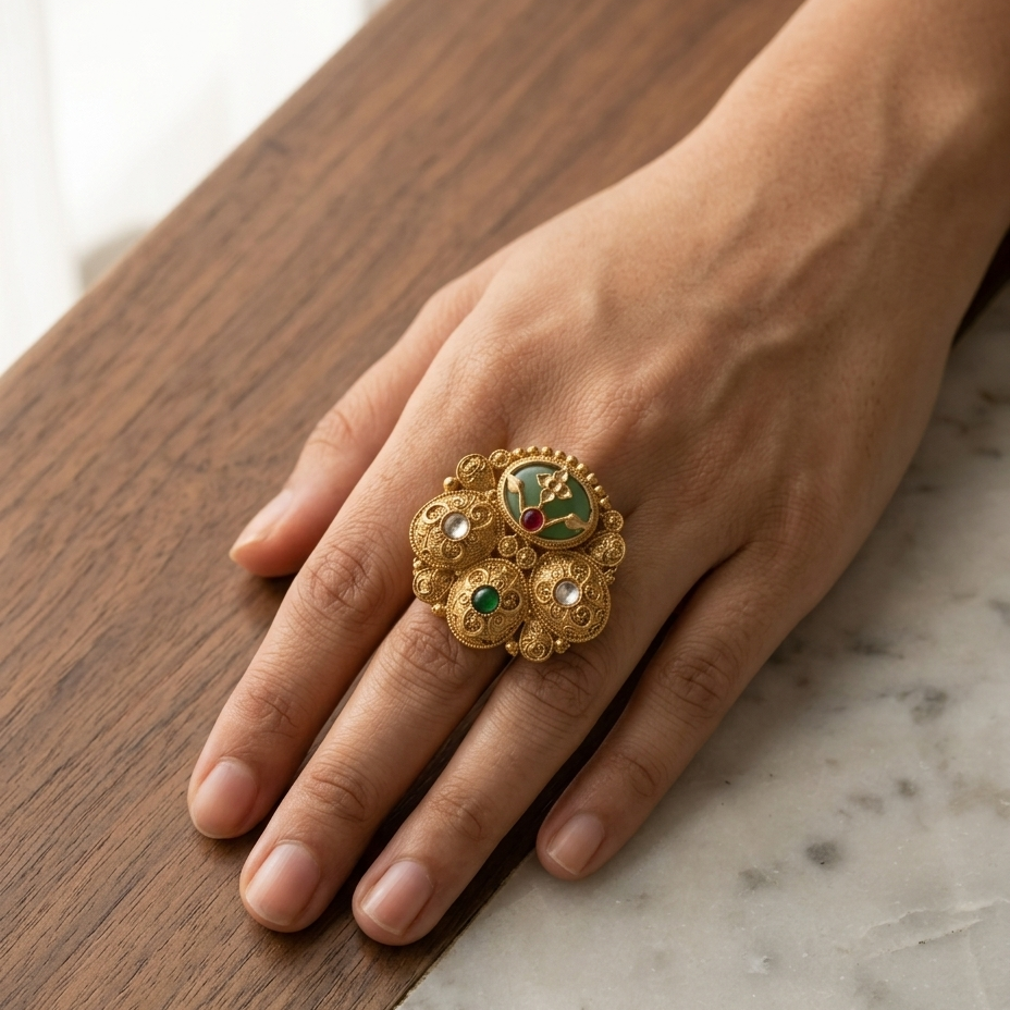 A close-up of a hand wearing an ornate gold ring with green, red, and white gemstone accents, resting on a wooden surface with a marble surface in the background.