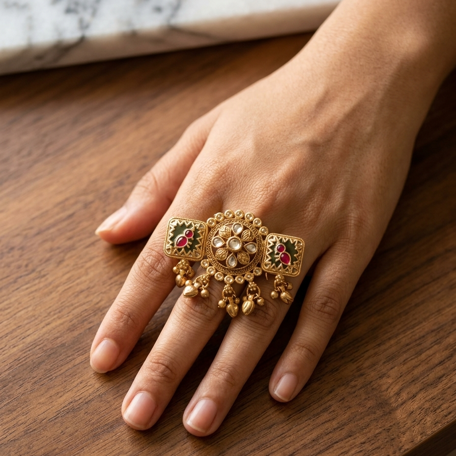 A close-up of a hand wearing an ornate gold ring with red and green enamel details and dangling gold bells, resting on a wooden surface.