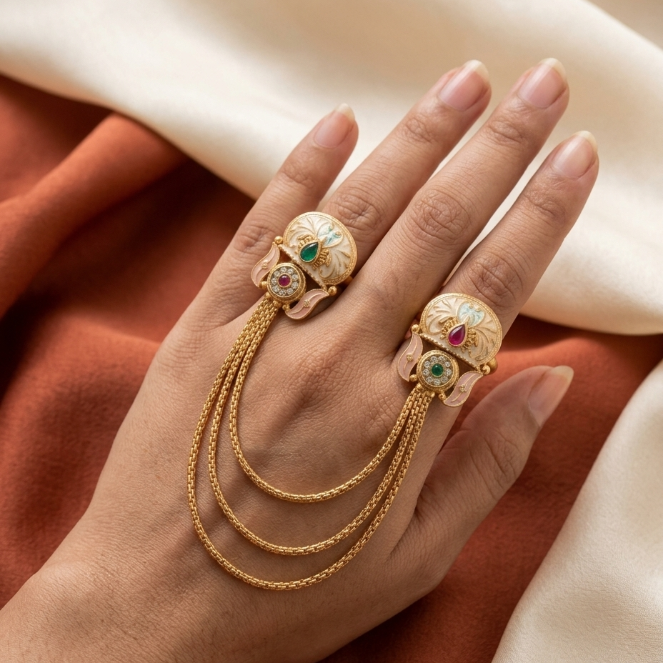A close-up of a hand wearing two ornate gold elephant ring charms with green and red stone accents and hanging chain details, set against draped cream and rust-colored fabric.