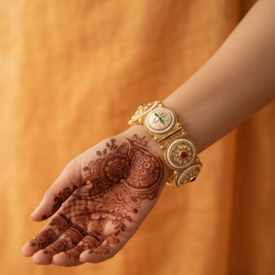 A close-up of a hand with intricate brown henna designs wearing a stack of ornate gold-toned bangles with white stones and small red and green accents, set against a warm orange background.