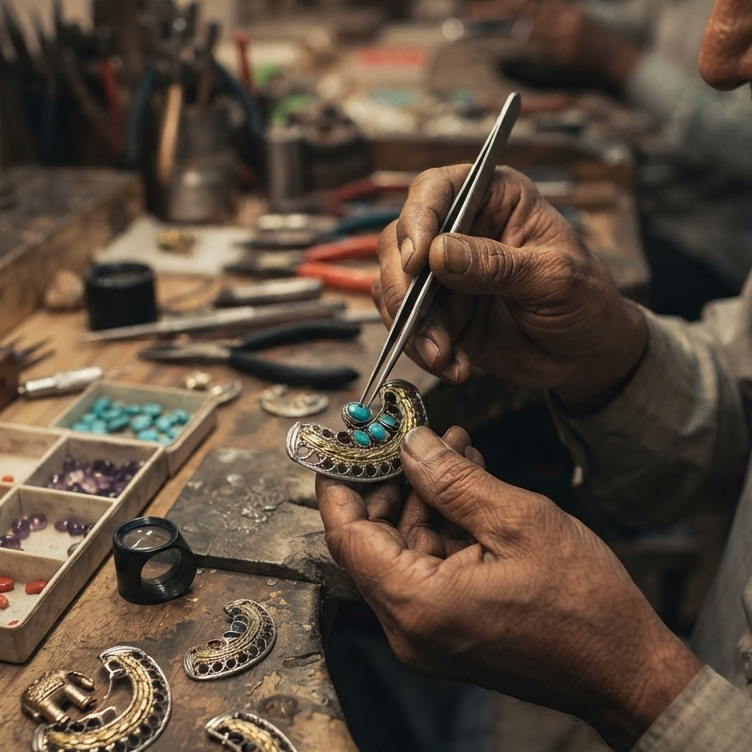 A close-up of a jeweler's hands crafting an ornate gold crescent moon pendant with turquoise and red gemstone accents, set in a detailed, warmly lit jewelry workshop.
